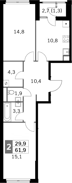 2-комн., 59.2 м², 26/26 этаж, ЖК «Скай Гарден»