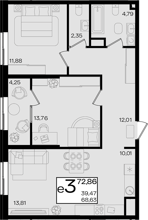 3-комн. квартира, 68.61 м² в ЖК Патрики — фото 2