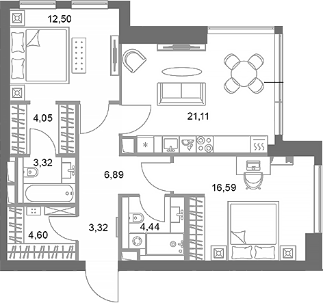 2-комн., 76.82 м², 22/75 этаж, ЖК «ФАЙВ ТАУЭРС»