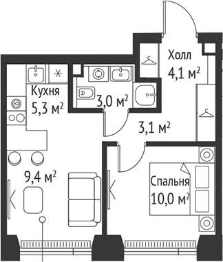 2-комн., 34.9 м², 18/59 этаж, ЖК «СЕТ»