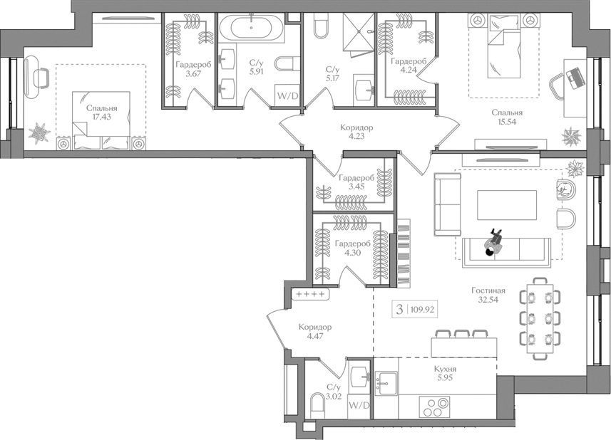 3-комн., 109.92 м², 2/15 этаж, ЖК «Преображенская площадь»