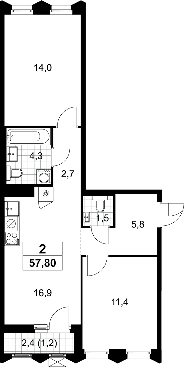 3-комн., 56.6 м², 13/13 этаж, ЖК «Деснаречье»