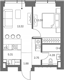 2-комн., 39.54 м², 7/41 этаж, ЖК «TATE»