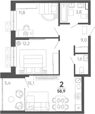 2-комн. квартира, 53.5 м² в ЖК Барса — фото 2
