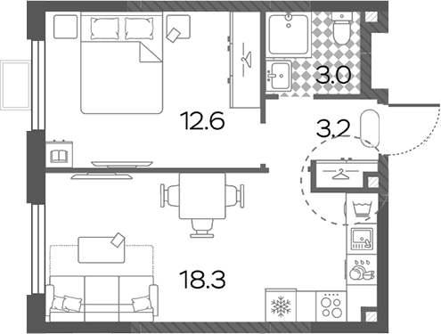 2-комн., 37.1 м², 11/15 этаж, ЖК «Лучи»