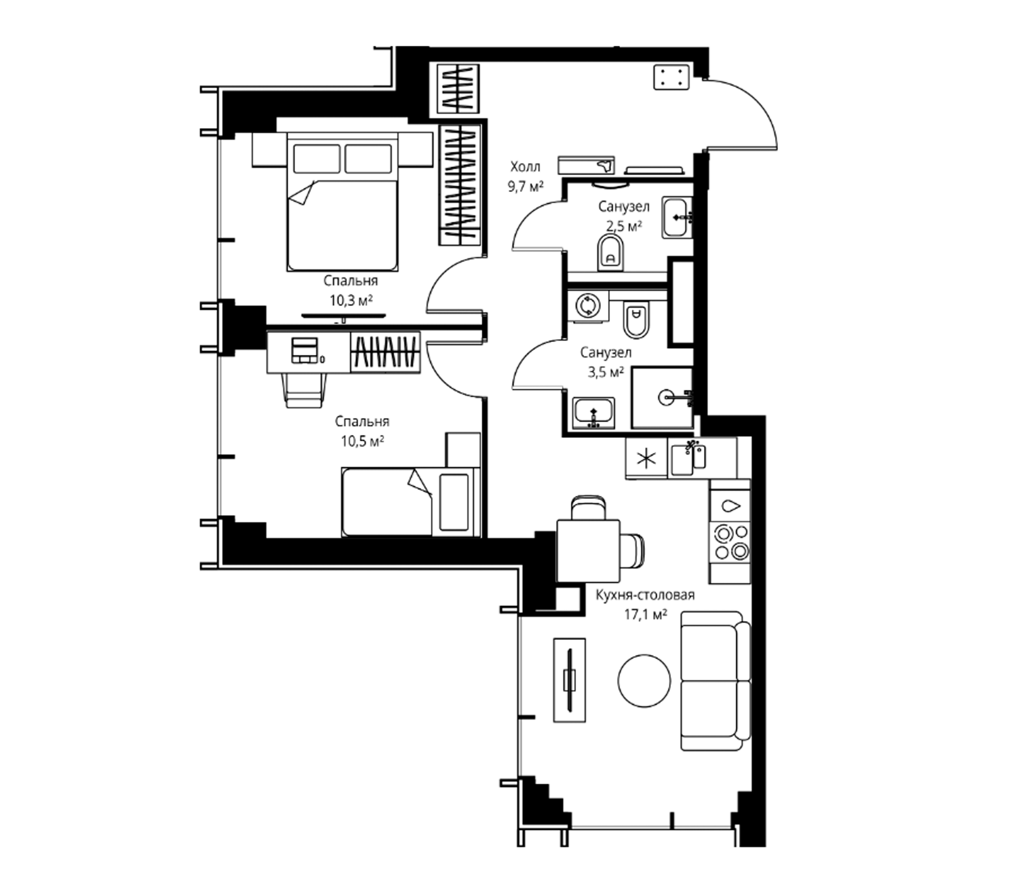 3-комн., 53.6 м², 42/59 этаж, ЖК «Веер»