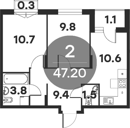 2-комн., 45.8 м², 4/6 этаж, ЖК «Равновесие»