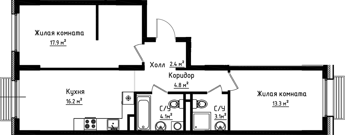 2-комн., 61.8 м², 3/6 этаж, ЖК «Коллекция»