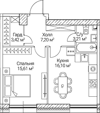 1-комн., 45.54 м², 29/51 этаж, ЖК «СЕЗАР СИТИ»