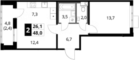 2-комн., 45.6 м², 3/16 этаж, ЖК «1-й Шереметьевский»