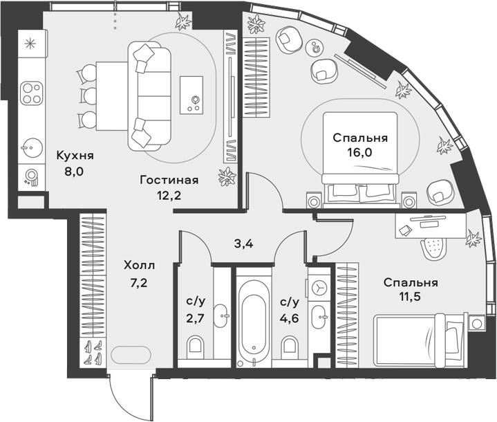 3-комн., 65.6 м², 17/42 этаж, ЖК «АЛИА»