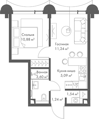 2-комн., 33.59 м², 12/17 этаж, ЖК «МИРА»