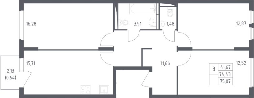 3-комн., 74.43 м², 11/14 этаж, ЖК «Остафьево»
