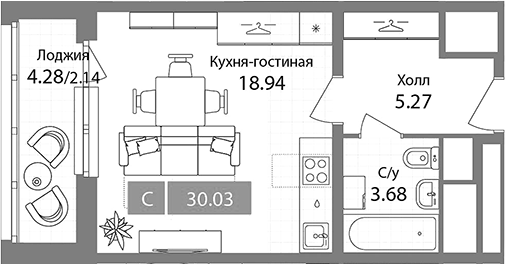Студия, 27.89 м², 12/17 этаж, ЖК «Планерный квартал»