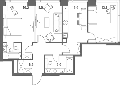 3-комн., 72.1 м², 22/43 этаж, ЖК «ЛОТ от Аквилон»