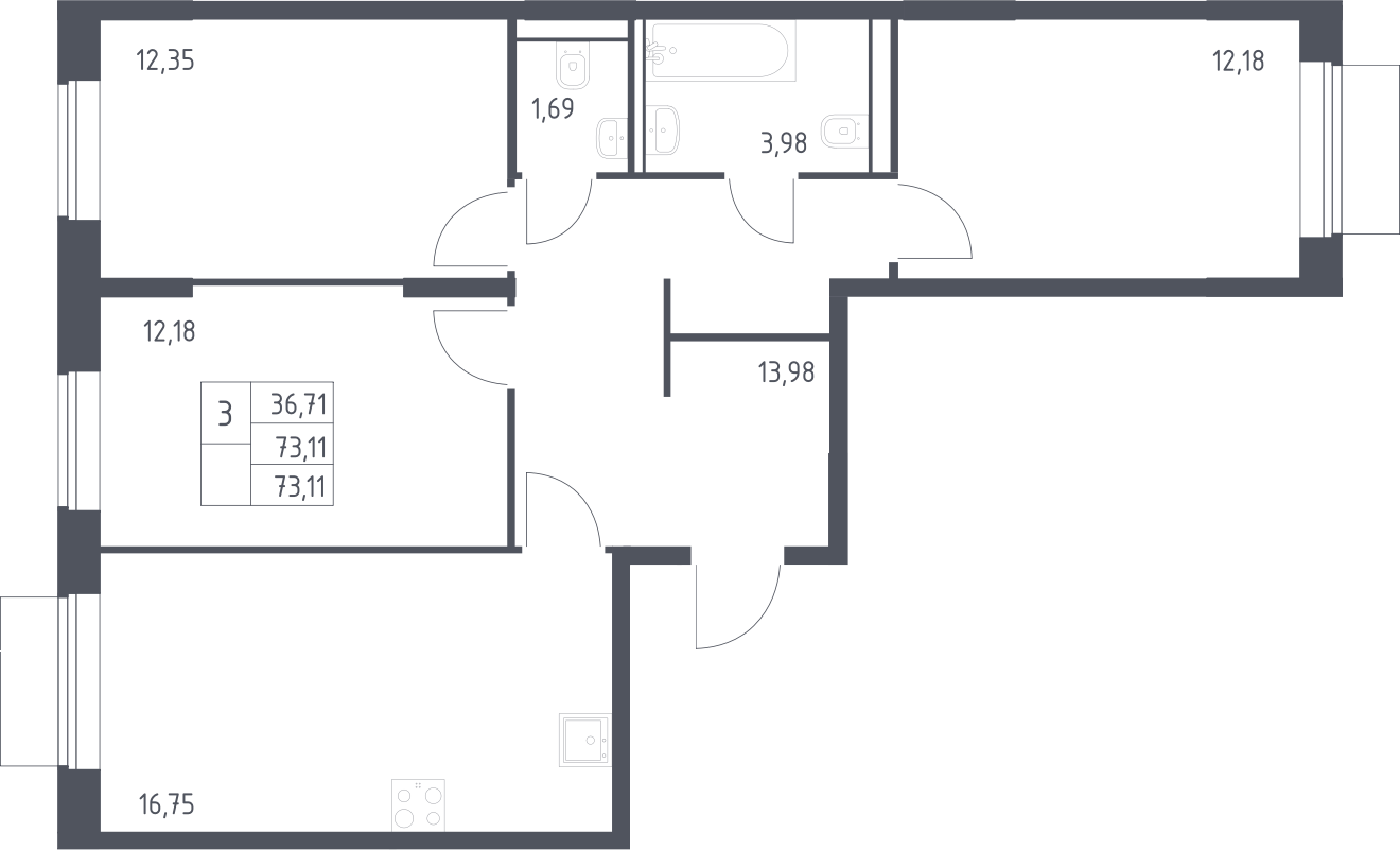 3-комн., 73.11 м², 2/19 этаж, ЖК «Квартал Домашний»