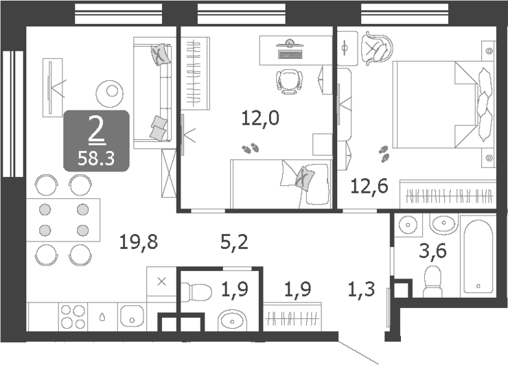 3-комн., 58.3 м², 16/19 этаж, ЖК «Шагал»
