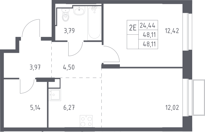 2-комн., 48.11 м², 23/24 этаж, ЖК «Долина Яузы»