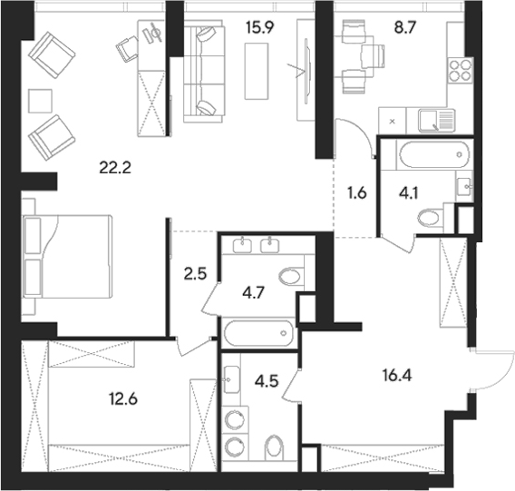 2-комн., 93.2 м², 2/43 этаж, ЖК «Инди Тауэрз от Аквилон»