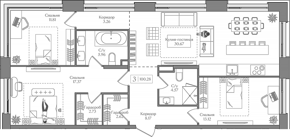 4+ комнаты, 100.28 м², 2/14 этаж, ЖК «Преображенская площадь»