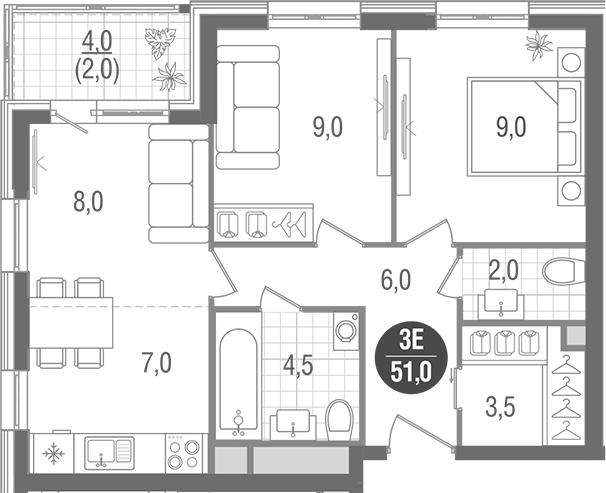 3-комн., 49 м², 27/32 этаж, ЖК «Кантемировский»
