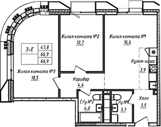 3-комн., 66.9 м², 3/21 этаж, ЖК «УНО.Соколиная гора»