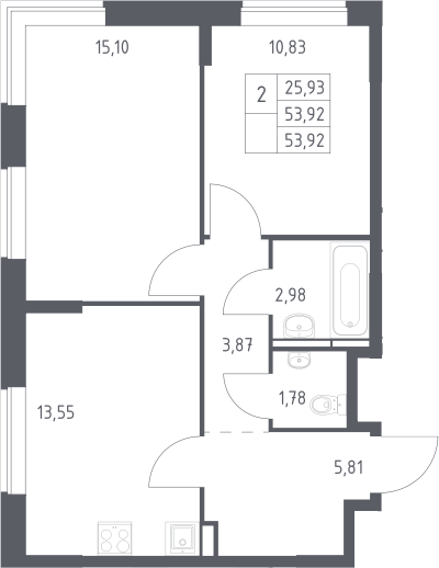 2-комн., 53.92 м², 3/12 этаж, ЖК «Богдановский лес»