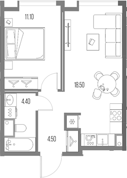 1-комн., 38.5 м², 12/20 этаж, ЖК «Северный Порт»