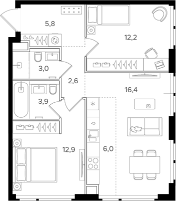 3-комн., 62.8 м², 26/31 этаж, ЖК «НАЗАРЕ»