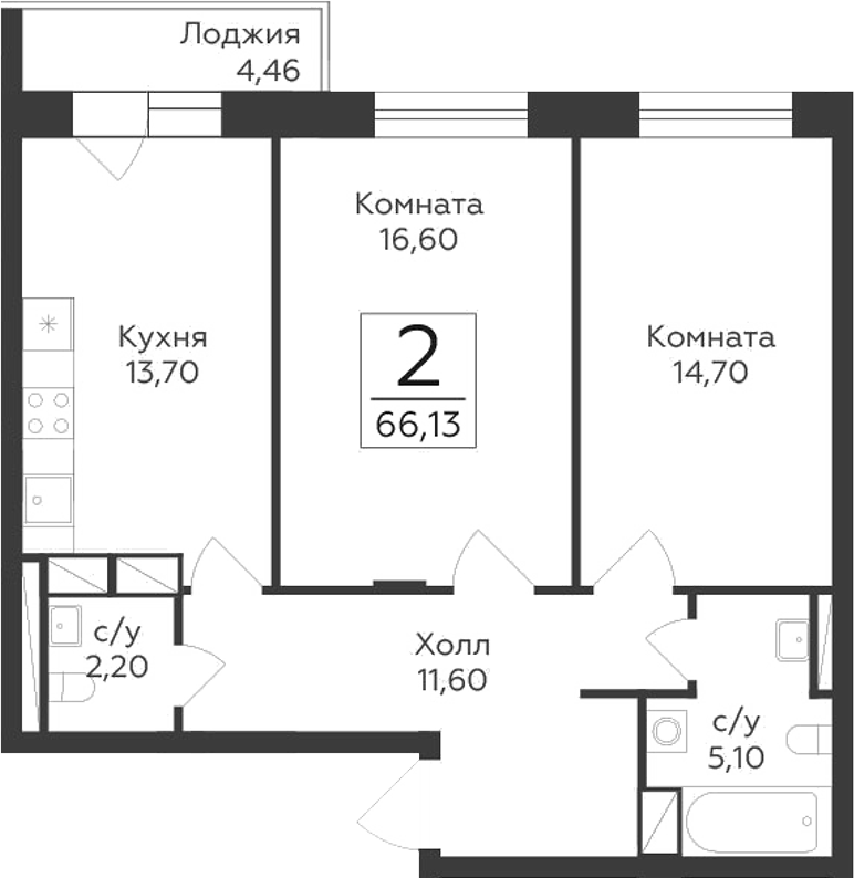 2-комн., 63.9 м², 9/17 этаж, ЖК «Малаховский»