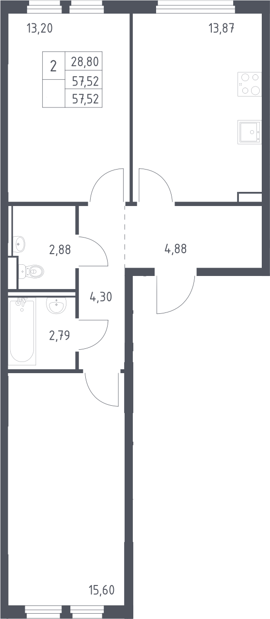 2-комн., 57.52 м², 10/15 этаж, ЖК «Пригород Лесное»