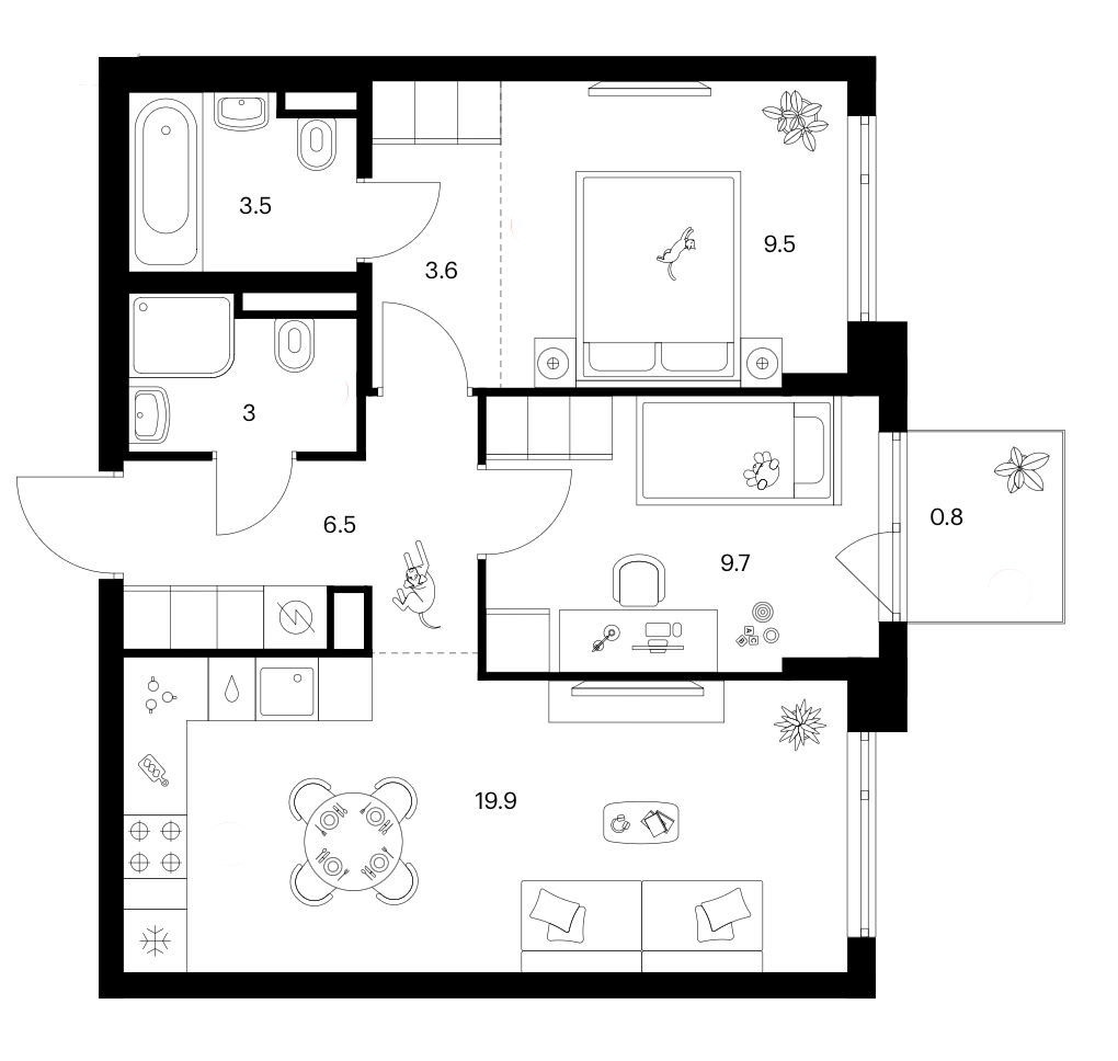 2-комн., 55.7 м², 2/24 этаж, ЖК «Зеленый парк»