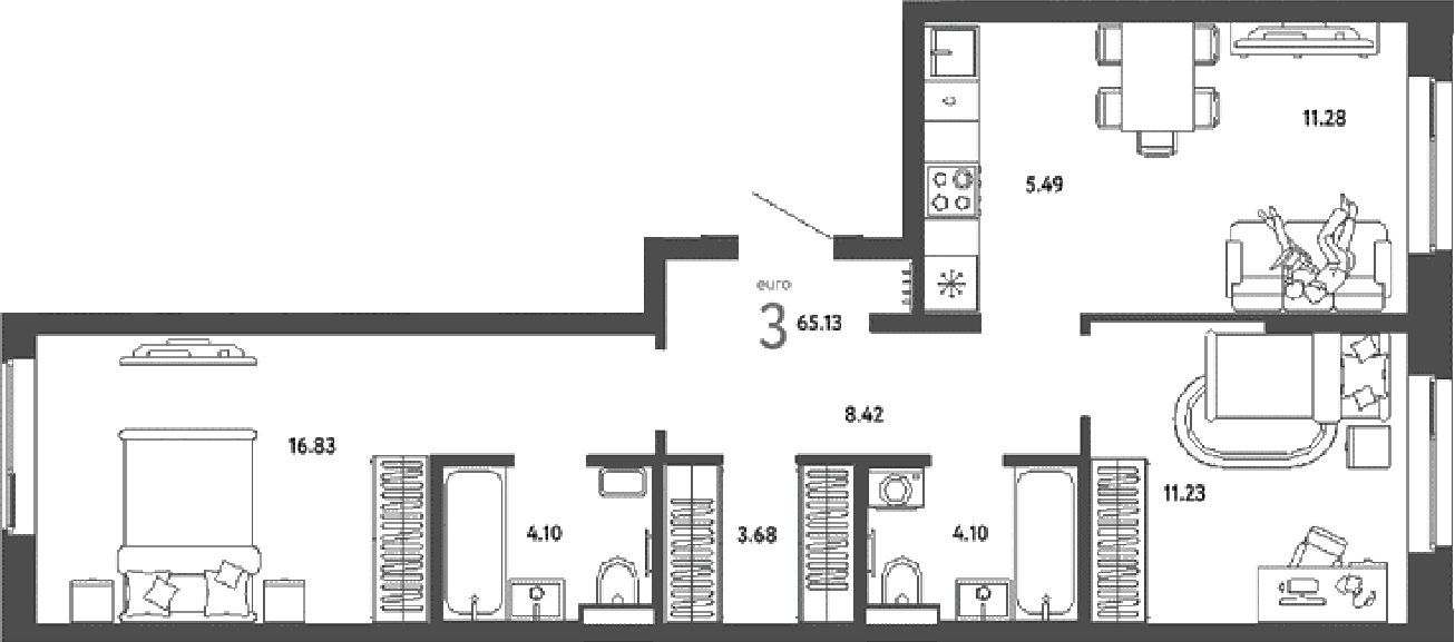 3-комн., 65.13 м², 3/11 этаж, ЖК «Страна.Парковая»