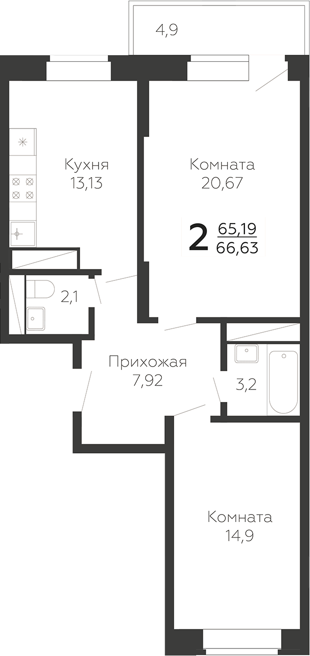 2-комн., 65.16 м², 19/22 этаж, ЖК «Онегин. ГК Развитие»