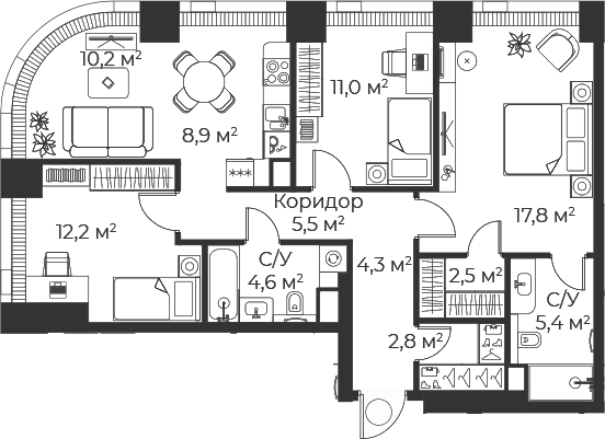 4+ комнаты, 85.1 м², 6/71 этаж, ЖК «Веер»