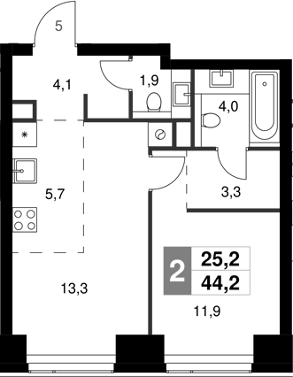 2-комн., 44.2 м², 3/58 этаж, ЖК «Амбер Сити»