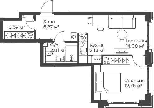 2-комн., 42.15 м², 6/15 этаж, ЖК «Сити Бэй»
