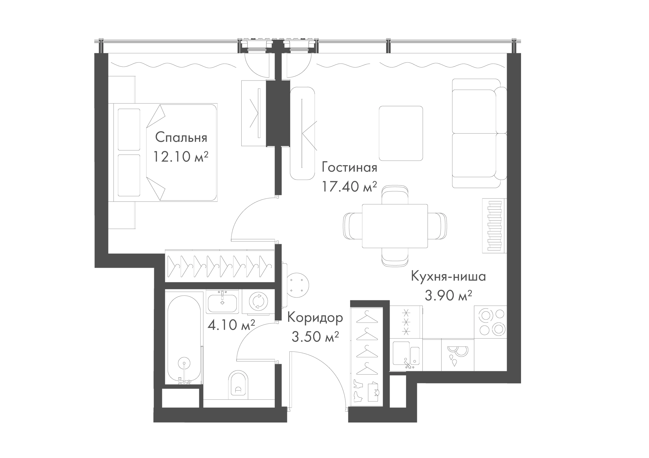 2-комн., 41 м², 25/37 этаж, ЖК «Слава»