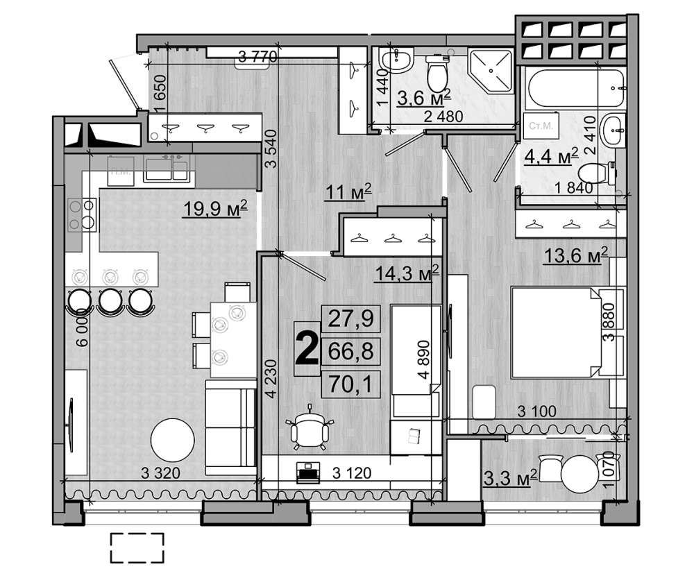 3-комн., 66.8 м², 17/18 этаж, ЖК «Гранд Комфорт»