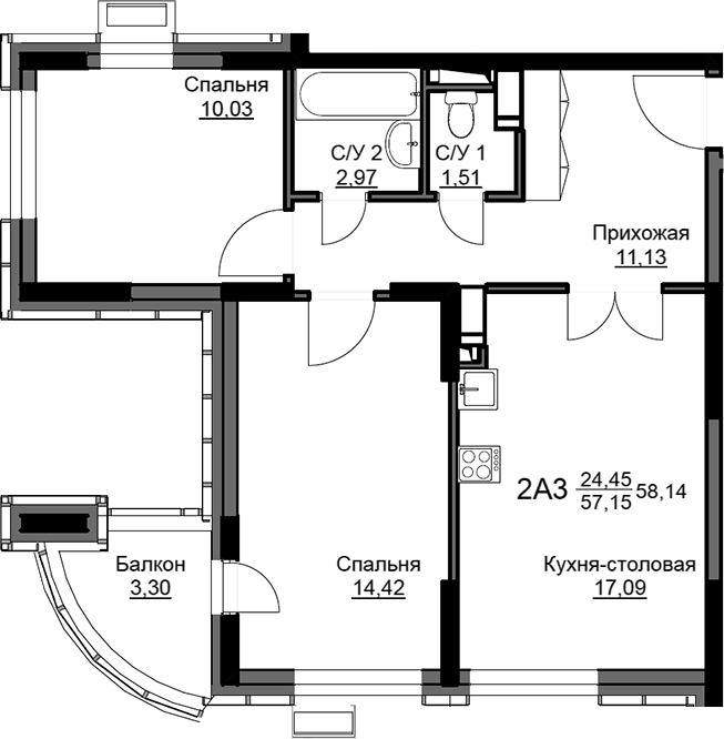 3-комн., 57.51 м², 8/17 этаж, ЖК «Соболевка»