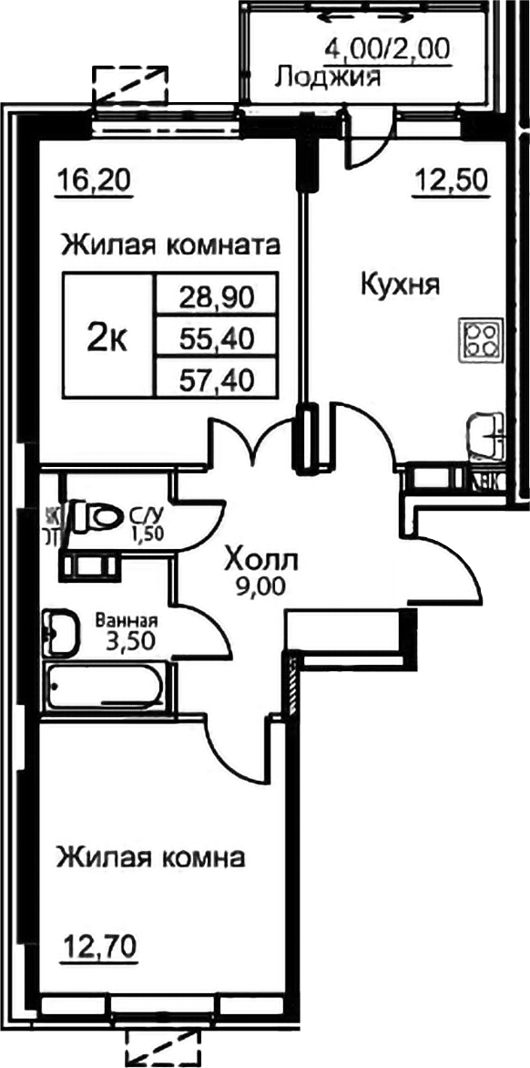 2-комн., 55.4 м², 11/12 этаж, ЖК «Кашинцево»