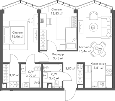 3-комн., 67.72 м², 16/24 этаж, ЖК «МИРА»