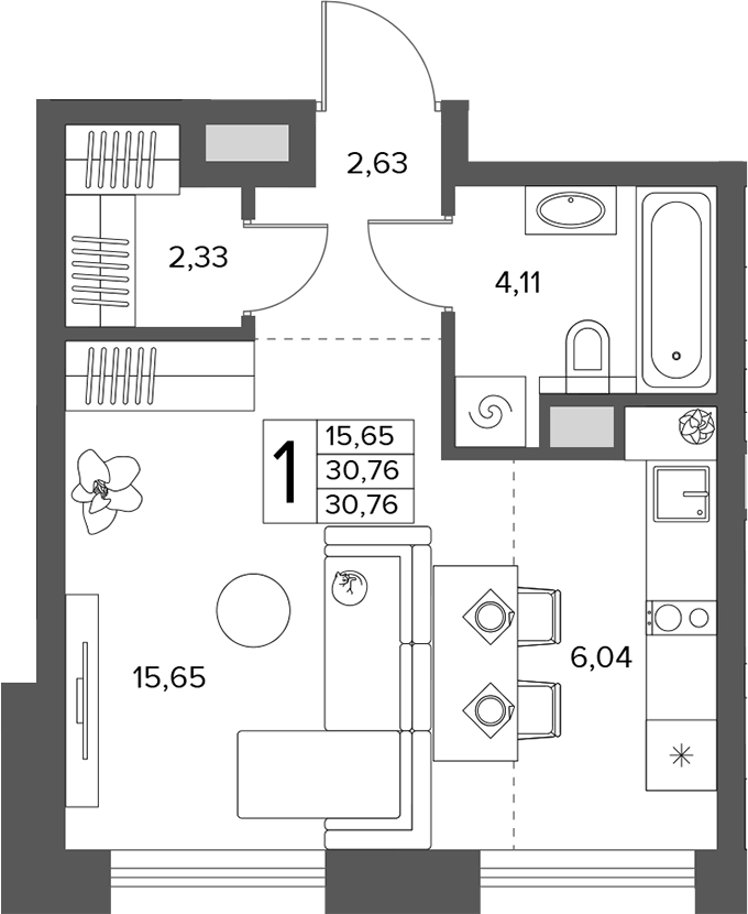 Студия, 30.76 м², 2/14 этаж, ЖК «Городской бор»
