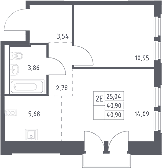 2-комн., 40.9 м², 9/16 этаж, ЖК «Космический Квартал»