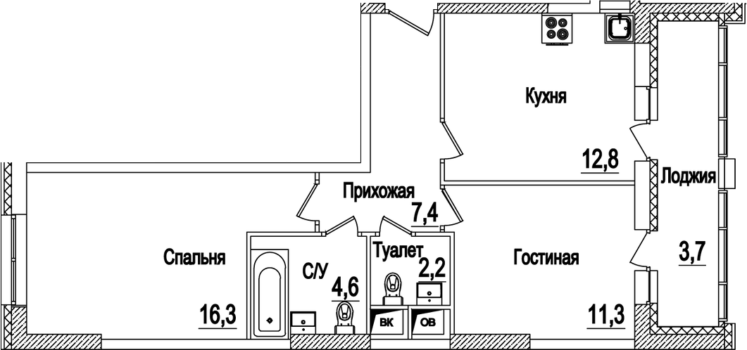 2-комн., 54.6 м², 17/22 этаж, ЖК «Рассказово»