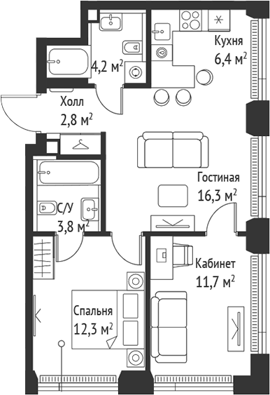 3-комн., 57.6 м², 20/52 этаж, ЖК «СЕТ»