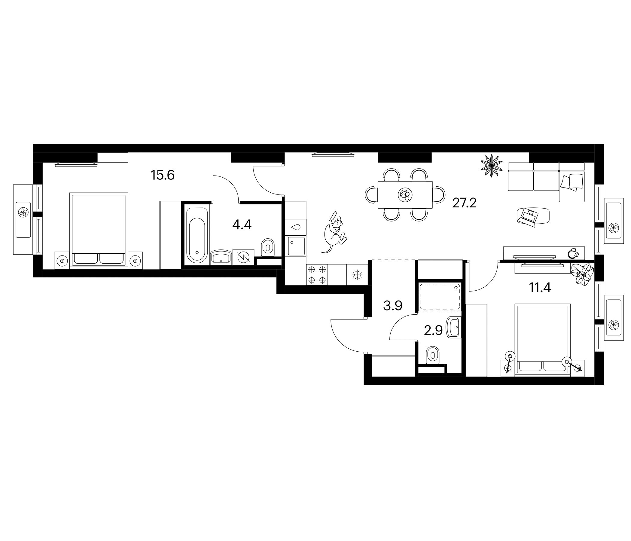 2-комн., 65.4 м², 7/25 этаж, ЖК «Белая Дача парк»