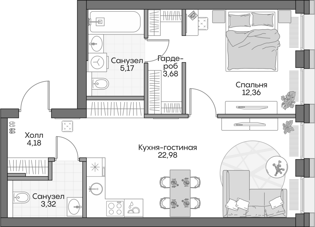 2-комн., 51.2 м², 11/16 этаж, ЖК «Инсайдер»
