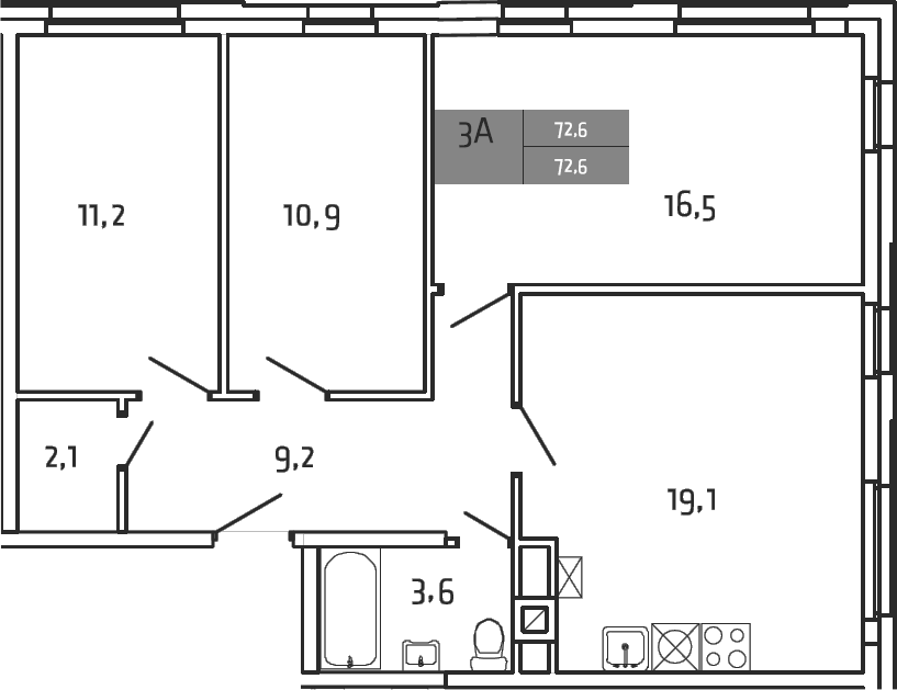 3-комн., 72.6 м², 1/4 этаж, ЖК «Южная Долина»