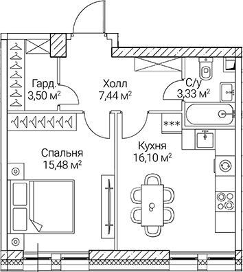 1-комн., 45.85 м², 44/51 этаж, ЖК «СЕЗАР СИТИ»